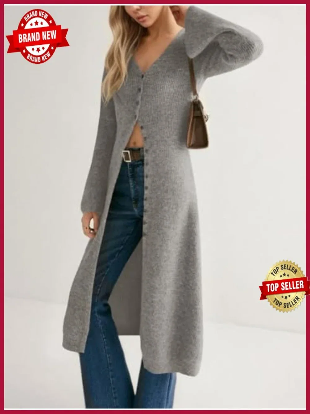 Women's Chunky Knit Long Cardigan Open Front Bell Sleeve Midi Dress